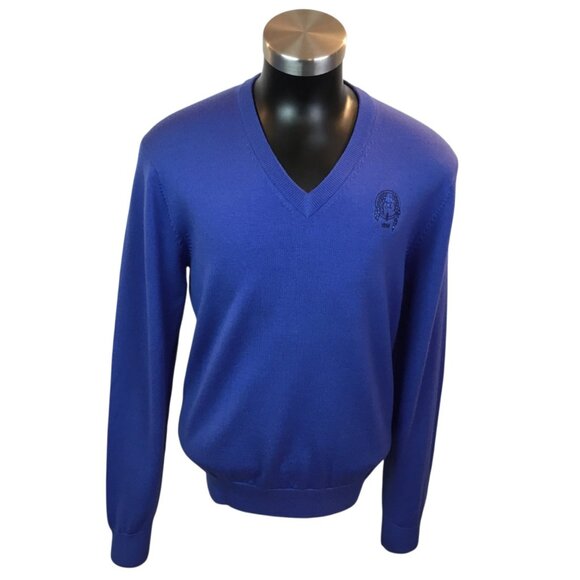 Donald Ross Mens Small V-Neck Sweater 100% Merino Wool Blue Embroidered Logo - Picture 1 of 8